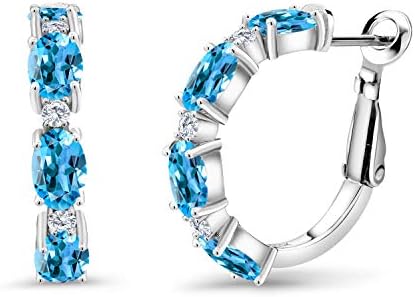 Sterling Silver Swiss Blue Topaz & Lab Grown White Diamond Hoop Earrings with Lever Back for Women - Oval Shape Design