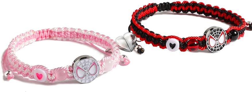 Braided Chain Batman Bead Bracelet for Best Friends/Couples, Spider and Gwen Design Love Unity Symbol - Perfect Valentine's Day, Birthday Gift for Girlfriend, Boyfriend, Daughter, Sister, Bestie