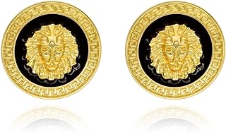 Statement Black Gold Lion Head Carved Ear Stud Earrings,Animal Theme Disc Round Circle Earrings,Luxury Large Fashion Vintage Unique Jewelry Gifts for Women Girls