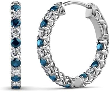 14K White Gold Round Blue and Lab Grown Diamond Inside-Out Hoop Earrings with Hidden-Snap-Posts for Women, Elegant Design