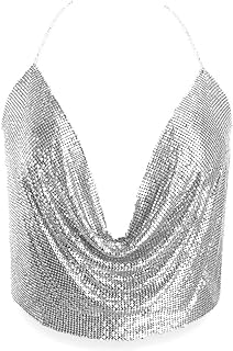 Goldstone Embellished Aluminum Body Chain Crop Top, Platinum and Gold Plated, Deep-V Backless Halter Design - Eye-popping Elegance for Stylish Women