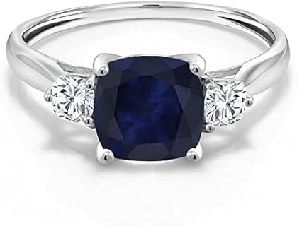 Gem Stone King 10K White Gold Blue Sapphire and White Moissanite 3 Stone Engagement Ring For Women (2.26 Cttw, Cushion 7MM, Gemstone September Birthstone)