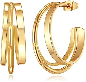 14K Gold-Plated Hypoallergenic Triple Hoop Earrings in High-Quality Copper for Women and Girls - Trendy and Lightweight Fashion Jewelry Gift