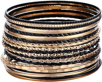 Enclosed Clasp, Box Chain, Gold-Plated Indian Bangle Bracelets Set in Black Enamel Finish for Women - 22-Piece Luxurious Design