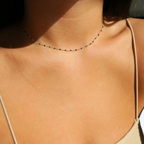 MTMY Beaded Necklaces for Women 14K Gold Plated Dainty Colorful Green/Rose Beaded Pearl Choker Necklace Delicate Boho Choker Necklace Jewelry Gift