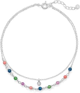 925 Sterling Silver 9 Inch + 1 Inch Multi Color Jade and CZ Double Strand Anklet 3mm Faceted Dyed on One Jewelry for Women