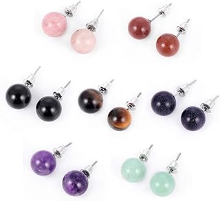 YEYULIN 7pairs Natural Gemstone Ball Stud Earrings Amethyst Rose Quartz Agate Crystal Earring Jewelry for Womens Girls