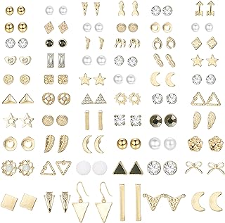 ORAZIO 60 Pairs Gold Tone Stud Earrings for Women Men Triangle Square Circle Bar Star Moon Geometric Leaf Arrow Bow CZ Ball Faux Pearl Earrings Set