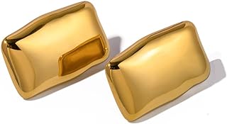 Minimalist Rectangle Plate Chunky Big Drop Stud Earrings for Women Girls Stainless Steel Silver 14K Gold Plated Vintage Large Geometric Square Huggie Studs Earring Hypoallergenic Fashion Trendy Jewelry Gifts Her 30mm