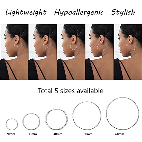 925 Sterling Silver Hoop Earrings for Women Lightweight Endless Silver Thin Hoops, 20/30/40/50/60MM