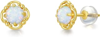 14k Yellow Gold Opal Stud Earrings with Screw Back for Women - Flower/Triangle/Star/Vintage Design - High Quality Opal Jewelry Gifts