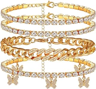 HaHaGirl Layered Butterfly Anklet For Women Girls Charms Butterfly Ankle Gold Silver Rhinestone Cuban Anklets Hip Hop Bulk Adjustable Braided Chain Anklet For Summer Beach