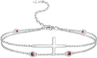 Double Layer Sterling Silver Bracelet with Cross Birthstone Charm for Teen Girls - Cubic Zirconia Gem, Ideal Birthday Gift