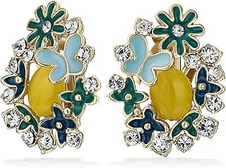 Green Pink Black Multi Color Button Style Cats Eye Garden Butterflies Flower Clip On Earrings For Women Non Pierced Ears