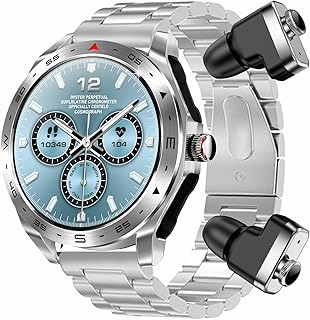 JUSUTEKの1.52インチ丸型スマートウォッチとTWSイヤホンセット、防水IP67、高音質HIFI。多機能でiPhone＆Android対応。贈り物にも最適。