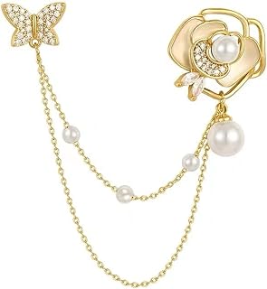 Vintage Golden Flower Butterfly Pearl with Hanging Chain Lapel Brooch Pins for Women Jewelry Gift For Women Girls