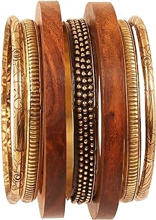 Touchstone Indian Bollywood Hand Cut Natural Wood Pretty Assorted Patterns Brass Designer Jewelry Bangle Bracelets In Gold Tone For Women.