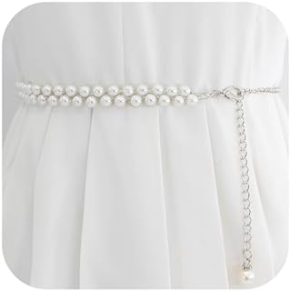 White Pearl Women's Belt with Copper Chain, Adjustable Layered Waist Chain Accessory, Minimalist Fashion Jewelry for Bridal Dresses and Casual Outfits