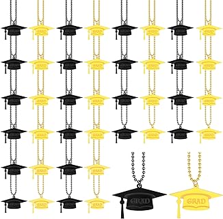 24 Pcs Graduation Pendant Bead Necklace Graduation Cap Shape Party Favor Gifts Supplies Graduation Necklace Cute Vintage Hanging Pendants Necklace for Graduation Gifts, Black and Gold