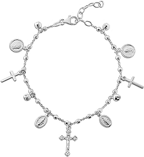 Lobster Claw Clasp Cross Charm Bracelet, Sterling Silver Beaded Chain for Women, Italian Crafted, 7.5 inches + 1 Inch Extender