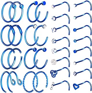 32Pcs 20G Unisex L-Shaped C-Shaped Nostril Screw Nose Tongue Lip Ear Rings Hoop Studs Seamless Hinged Rings Ball Closure Rings Mixed Set