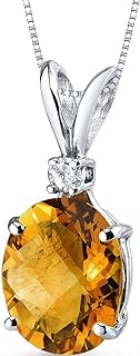 PEORA 14K White Gold Citrine Pendant Necklace with Diamond Accent, Natural Oval Citrine Birthstone, Spring Ring Clasp