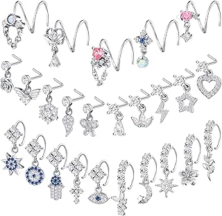 Henoyso 25 Pcs 20g Dangle Nose Ring L Shaped Dangling Nose Stud for Women Copper Nose Piercings Jewelry Cute Nose Rings Hoops with Charm