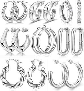 8-10 Pairs Delicate Gold Silver Hoop Earrings Set for Women, 14K Gold Plated Lightweight Hypoallergenic Thick Open Twisted Huggie Earrings for girls