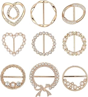 Ofeiyaa 9Pcs Scarf Clips T-shirt Tie Ring Buckle Heart Circle Shaped CZ Pearl Bow Tie Rhinestone Twist Knotted Clothes Corner Button Waist Cincher Clasp for Women Men
