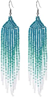 Saminyack Long Beaded Tassel Earrings, Boho Native Statement Beaded Fringe Dangle Earrings, Bohemian Handmade Seed Bead Chandelier Drop Earrings for Women Girls
