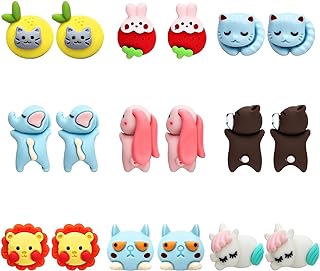 Stainless Steel Push Back Clay Stud Earrings | NEWITIN 9 Pairs of 3D Animal-Themed Ear Studs | Hypoallergenic and Lightweight for Women and Girls