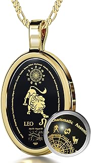 Leo Necklace Zodiac Pendant for Birthdays 23rd July to 22nd August May Star Sign and Personality Characteristics Pure Gold Inscribed in Miniature Details on Onyx, 18" Rolo Chain