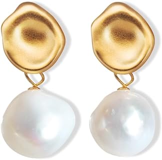 Gold Plated Large Pearl Stud Earrings for Charm Women with Dangle Drop Lightweight Dainty Fashion Designer Style, Hypoallergenic 925 Sterling Silver Stud, Gift Jewelry for Girls Looks Luxury!