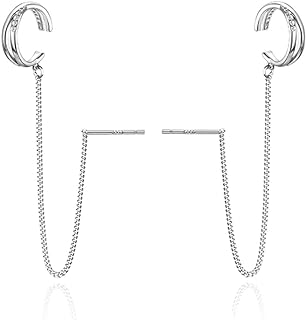 Reffeer Solid 925 Sterling Silver Cuff Earrings Chain Climber for Women Girls Dangle Earrings Tassel Threader