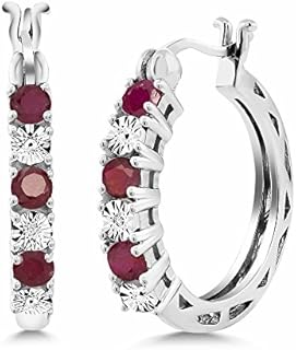 Elegant Women's Ruby Hoop Earrings with Lab Grown Diamond Accents and Lever Back, 925 Sterling Silver - 22MM Diameter