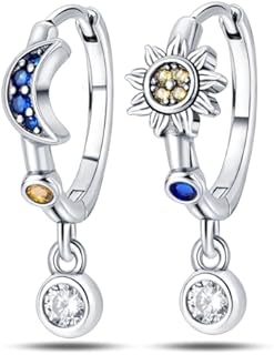 Cycuff 925 Sterling Silver Moon Hoop Earrings with Colorful Cubic Zirconia for Women and Teen Girls - Unique Heart-Shaped Design