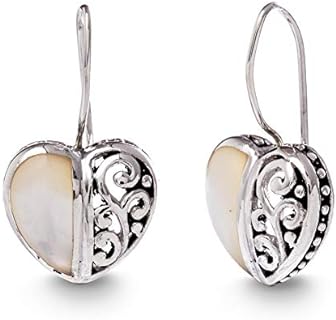 Rhodium Plated Oxidized Sterling Silver Mother of Pearl Filigree Heart French Wire Drop Earrings for Women