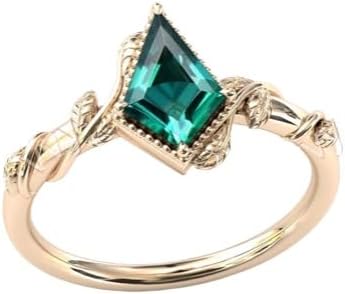 Antique Kite Shaped 1 CT Emerald Engagement Ring 14k Gold Emerald Wedding Ring Kite Cut Emerald Leaf Style Wedding Rings Art Deco Anniversary Ring