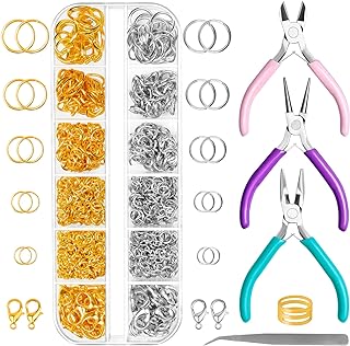 Yholin Alloy Steel Needle Nose Ring Pliers and Jump Rings Jewelry Making and Repair Kit for Bracelets and Necklaces with Rubber Handle Grip and Variety of Lobster Clasp Sizes