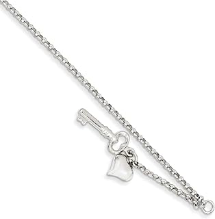 14k White Gold Hollow Polished Fancy Lobster Closure Adjustable Puffed Love Heart Key Anklet 10 Inch Lobster Claw Jewelry for Women