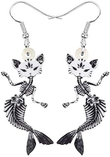 Halloween Black Mermaid Bones Skull Cat Earrings Acrylic Weird Cats Dangle Jewelry for Women Teens Girls Gifts Funky Decoration