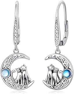 Charming Sterling Silver Cat Dangle Earrings with Hinged Hoop Back Finding for Cat Lovers by YAFEINI