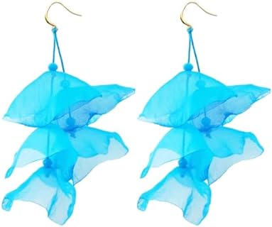 Bohomian Boho Multi-layer Organza Petal Dangle Earrings, Handmade Big Large Long Organza Flower Drop Earrings for Women