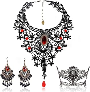 Black Lace Necklace and Earrings Set, Gothic Lolita Red Pendant Choker for a Halloween Costume and Wedding