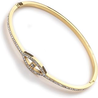 Women's Stainless Steel Buckle-clasp Evil Eye Bangle Bracelet with Box Chain and Crystal Cubic Zirconia Decoration
