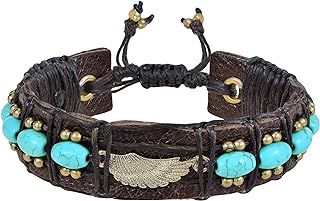 AeraVida Vintage Inspired Simulated Turquoise and Brass on Leather Angel Wing Charm Bracelet | Vintage Charm Bracelets for Women | Angel Wing Bracelet Charm | Turquoise Leather Bracelet for Women