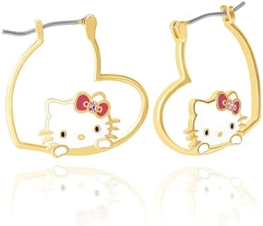 Sanrio Womens Hello Kitty Earrings, Yellow Flash Plated Hello Kitty Heart Hoop Crystal Earrings Official License