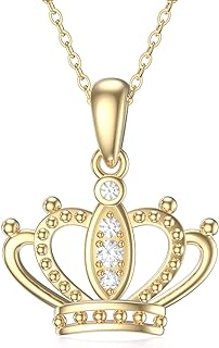 Spring Ring Clasp 14k Yellow Gold Crown Pendant Necklace with Rolo Chain and Cubic Zirconia Gem for Women, Compass/Music/Gymnast Inspired Design
