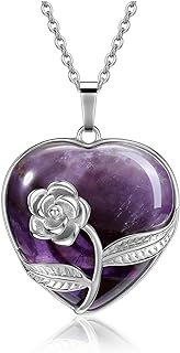 GEHECRST Crystal Heart Necklace for Mom Women Rose Flower Wrapped Heart Gemstone Pendant Necklace Natural Energy Healing Stone Necklace Crystal Jewelry Gifts for Women Mom Mothers Day