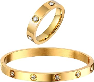 Gold Rings Bracelets for Women - 18K Gold Plated Love Friendship Bracelet Cubic Zirconia Bangle with Ring Jewelry Set ,Wedding Party Christmas Valentine's Day Birthday Gifts for Her Girlfriend